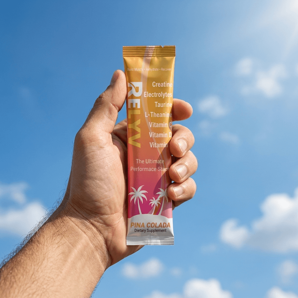 Hand holding a Relyv Performance Stack stick against a blue sky